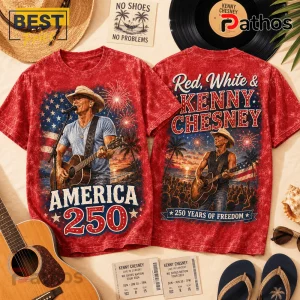 Red acid-wash t-shirt with Kenny Chesney performing, American flag, fireworks, and text reading America 250 and No Shoes Nation.!