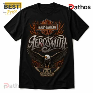 Black cotton t-shirt featuring a Harley-Davidson logo, Aerosmith script text, and a bald eagle graphic in orange tones.!