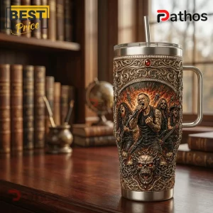 Pantera Heavy Metal Band Stainless Steel Insulated 40oz Travel Tumbler 1 Stainless steel tumbler with relief design of a heavy metal band, skulls, and fire patterns on a wooden desk with books.!