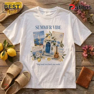 White cotton t-shirt with Summer Vibe text and illustrations of Mediterranean travel postcards, lemons, and a guitar.!