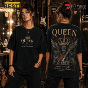 Black vintage-style t-shirt featuring a Queen crown, microphone, and guitar graphic with the text Classic Rock Spirit.!