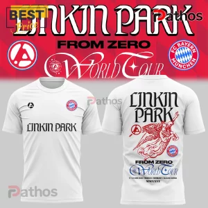 Linkin Park x FC Bayern Munich From Zero 2026 World Tour Collectible Hoodie 1 White t-shirt showing Linkin Park From Zero World Tour logo, angel graphic, and FC Bayern Munich crest on front and back.!