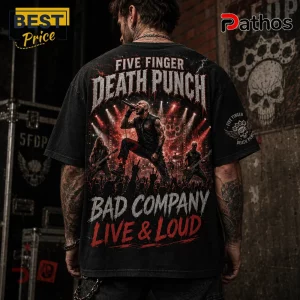 Five Finger Death Punch concert t-shirt in black cotton with red and white graphic print of the band performing live.!