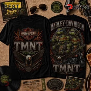 Black Harley-Davidson TMNT t-shirts featuring Ninja Turtles as a rock band, eagle graphic, and 80s concert tour motifs.!