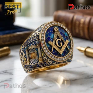 Gold Masonic ring with blue enamel, central square and compass symbol, and inscription Audi Vide Tace on marble surface.!