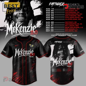 Black baseball jersey with red piping, Mkenzie 2.0 tour graphics, artist portrait, and city schedule dates on the back.!
