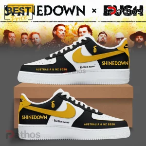 Custom Shinedown band sneakers with black, white, and yellow panels, featuring Australia & NZ 2026 text on a cardboard box.!