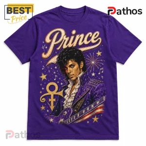 Prince Red White and Prince Retro Purple Cotton T-Shirt 2 Prince purple t-shirt featuring a graphic of the musician, the Love Symbol, stars, and an electric guitar illustration.!