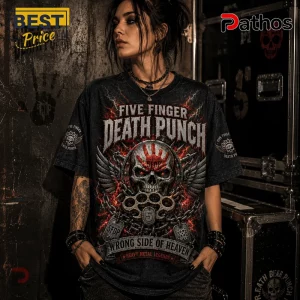Five Finger Death Punch black cotton t-shirt with skull, brass knuckles, chains, and red lightning graphic print.!