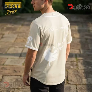 Ella Langley x Philadelphia Phillies Cream Edition Baseball Jersey 2 Tan button-down baseball jersey with Ella Langley text and white dandelion graphic on the back and Phillies P on sleeve.!