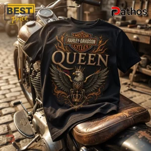 Black cotton t-shirt featuring a Harley-Davidson logo, the word QUEEN, and an eagle wearing a crown with orange flames.!