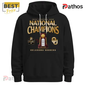 Oklahoma Sooners 2026 National Champions Black Hoodie 4 Black hooded sweatshirt with gold NCAA 2026 National Champions text, College World Series logo, and Oklahoma Sooners emblem.!