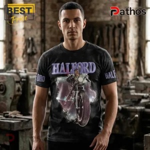 Black cotton t-shirt featuring Rob Halford on a motorcycle with purple typography and galaxy graphic background.!