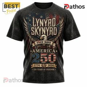 Black Lynyrd Skynyrd t-shirt with American eagle graphic, Free Bird text, and 1776-2026 America 250 anniversary print.!