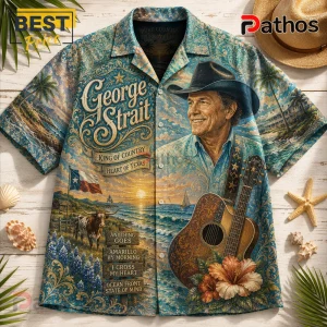 George Strait button-down shirt with a teal filigree pattern, Texas flag, longhorn, acoustic guitar, and ocean scenery.!