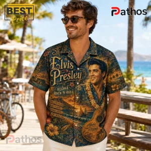 Man wearing navy blue short-sleeve shirt with Elvis Presley portrait, hibiscus flowers, acoustic guitar, and ocean scenery.!