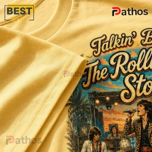Mustard yellow cotton t-shirt with retro Rolling Stones graphic featuring band members on stage and sunset background.!