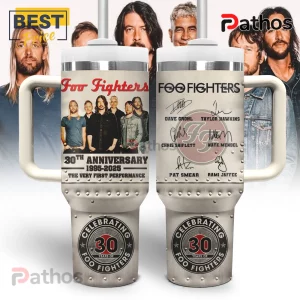 Foo Fighters 30th Anniversary 1995-2025 Signature Stanley Tumbler 3 Foo Fighters 30th anniversary stainless steel tumbler with band members, signatures, and rivets in a cream color scheme.!