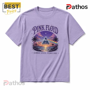 Lavender crewneck t-shirt featuring Pink Floyd graphic with prism, sunset beach, and Summer Static, Cosmic Soul text.!