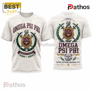 Omega Psi Phi Fraternity 1911 Heritage Crest Mascot T-Shirt 2 Omega Psi Phi white t-shirt featuring front and back graphics with greek letters, a crest, sword, helmet, and bulldog.!