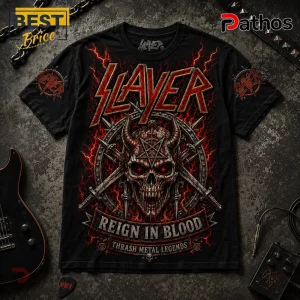 Black Slayer Reign in Blood t-shirt featuring a horned skull, pentagram, swords, and red lightning graphics.!