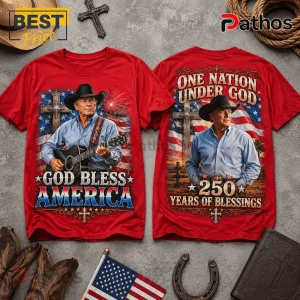 Red cotton t-shirts with front and back patriotic graphic prints featuring a cowboy, acoustic guitar, cross, and US flag.!