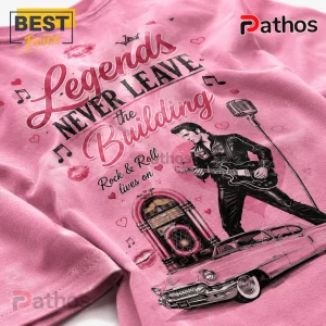 Elvis Presley Pink Forever King of My Heart Graphic T-Shirt 5 Pink t-shirt with Elvis Presley graphic, jukebox, vintage car, microphone, and text Legends Never Leave the Building.!