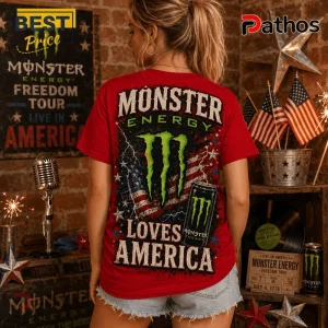 Monster Energy 1776-2026 America Freedom Anniversary T-Shirt 5 Woman wearing red t-shirt with Monster Energy logo, American flag graphic, and text reading Monster Energy Loves America.!