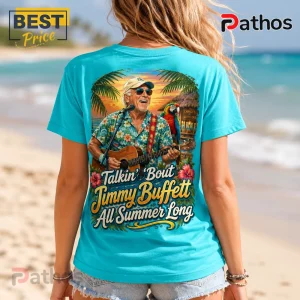 Turquoise t-shirt featuring a Jimmy Buffett graphic with guitar, parrot, beach scenery, and text Talkin' Bout Jimmy Buffett.!