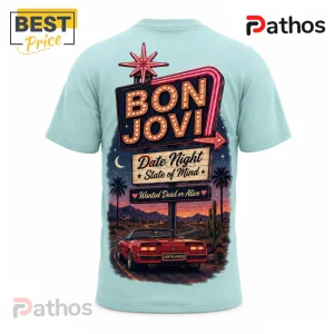 Bon Jovi Retro Roadside Nights Road Trip Vibes T-Shirt 3 Light blue t-shirt back graphic featuring a Bon Jovi neon sign, desert highway, red sports car, and lyric text design.!