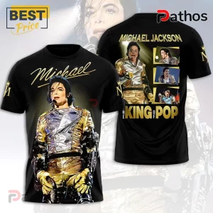 Michael Jackson King of Pop Gold Stage Outfit Graphic Hoodie 2 Black cotton t-shirt featuring a Michael Jackson photo collage with gold text stating Michael and The King of Pop.!