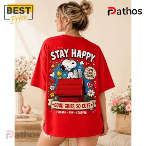 Snoopy Peanuts Happy Happiness Is Snoopy Tee Shirt 4 Red oversized t-shirt featuring Snoopy and Woodstock on a red doghouse with text Stay Happy and Good Grief, So Cute.!