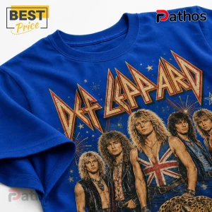 Def Leppard Vintage Rock Band Patriotic Crewneck T-Shirt 6 Royal blue Def Leppard graphic t-shirt featuring band members and vintage logo on white background.!