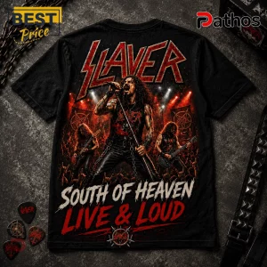 Black cotton t-shirt featuring a Slayer concert graphic with a lead singer and guitarists against a red stage backdrop.!