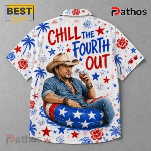 White button-down shirt with a cowboy in a denim shirt and hat sitting in a star-spangled inner tube holding a drink.!