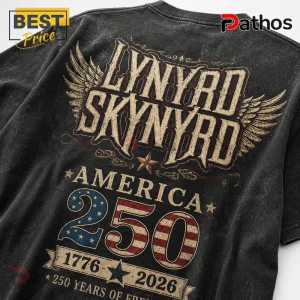 Lynyrd Skynyrd America 250 graphic t-shirt with distressed black fabric, winged logo, and 1776-2026 patriotic text print.!