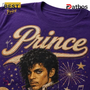 Prince Red White and Prince Retro Purple Cotton T-Shirt 5 Prince graphic t-shirt in purple with vintage script logo, stars, musical notes, and an illustration of the artist.!