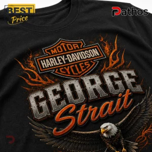 Black cotton t-shirt featuring a Harley-Davidson logo, orange flames, an American bald eagle, and George Strait text.!