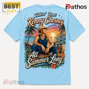 Light blue t-shirt featuring Kenny Chesney, a beach sunset, acoustic guitar, and text reading No Shoes No Shirt No Problem.!