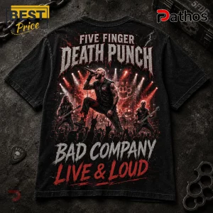 Five Finger Death Punch concert graphic on black cotton t-shirt with red stage lighting, band members, and text overlays.!