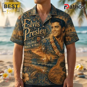 Elvis Presley Hawaiian button-down shirt with gold and blue tropical floral print, guitar graphic, and beach sunset scene.!