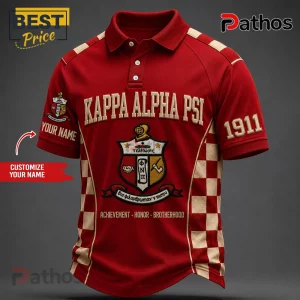 Kappa Alpha Psi crimson polo shirt with cream checkered side panels, fraternity crest, 1911 embroidery, and custom name area.!