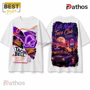 White t-shirt featuring Taco Bell neon logo, tacos, and retro aesthetic sunset graphics with vintage car imagery.!