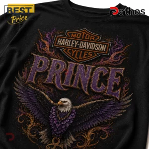 Black cotton t-shirt featuring a Harley-Davidson logo above purple Prince text and a bald eagle with purple feathers.!