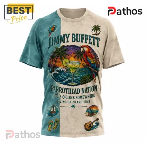 Jimmy Buffett t-shirt with a macaw, margarita, palm trees, and sunset graphic on a split blue and tan distressed background.!