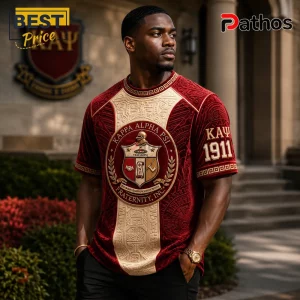 Man wearing a red velvet Kappa Alpha Psi t-shirt with gold Greek lettering, 1911 text, and embroidered fraternity crest.!