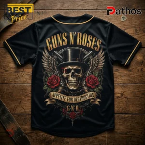 Black baseball jersey featuring a Guns N' Roses Appetite for Destruction skull, top hat, winged revolvers, and red roses.!