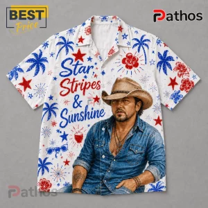 Button-up Hawaiian shirt featuring a cowboy portrait, palm trees, red stars, and text Star Stripes & Sunshine.!