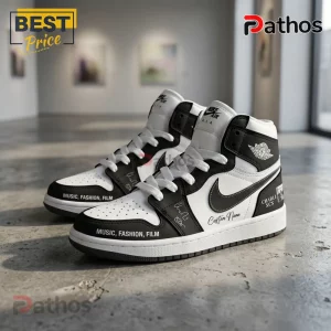 Charli XCX Music Fashion Film Air Jordan High Top Sneakers 2 Custom Nike Air Jordan high-top sneakers in white and black with Music, Fashion, Film text and Charli XCX branding.!