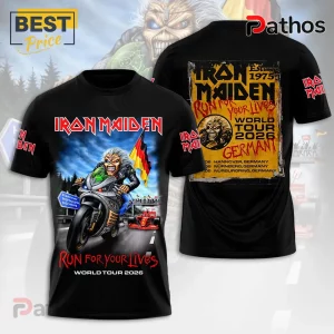 Iron Maiden black t-shirt featuring Eddie on a motorcycle, German flag, and Run For Your Lives World Tour 2026 graphics.!